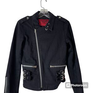 Tripp NYC Black Moto D Ring Jean Jacket Sz XS Cropped Buckle Accents Zippers Y2K